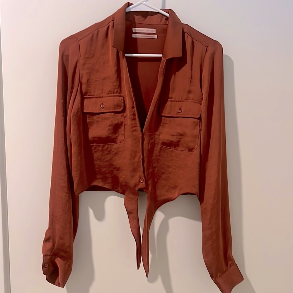 Rust Faux Satin/Silk Tie-Front Blouse (S)